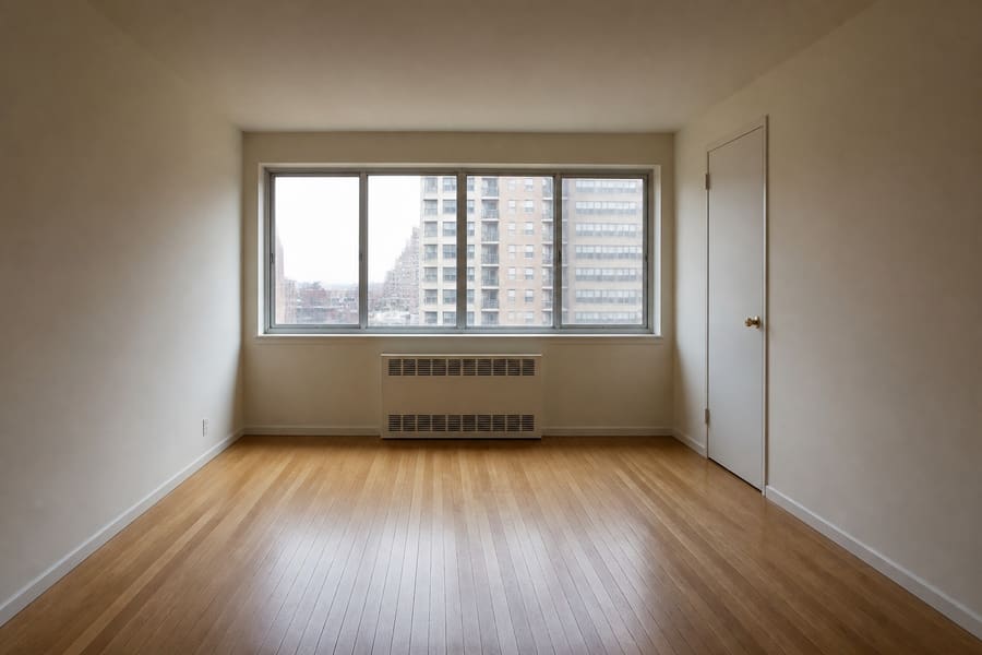 A postwar Manhattan apartment with a plain wood floor and a low ceiling line