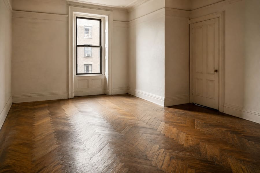 A prewar Manhattan apartment interior with herringbone parquet and deep window reveals