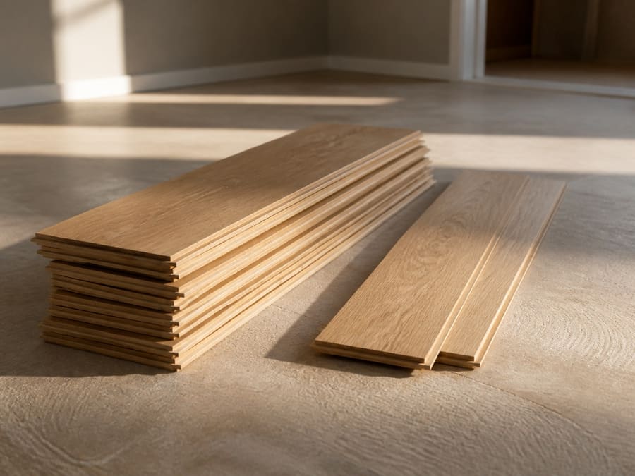 New wood plank being laid over a prepared subfloor with underlayment visible at the edge