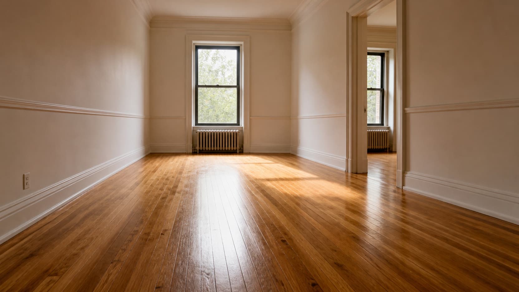 A prewar Manhattan living room with an oak strip floor running toward a tall window