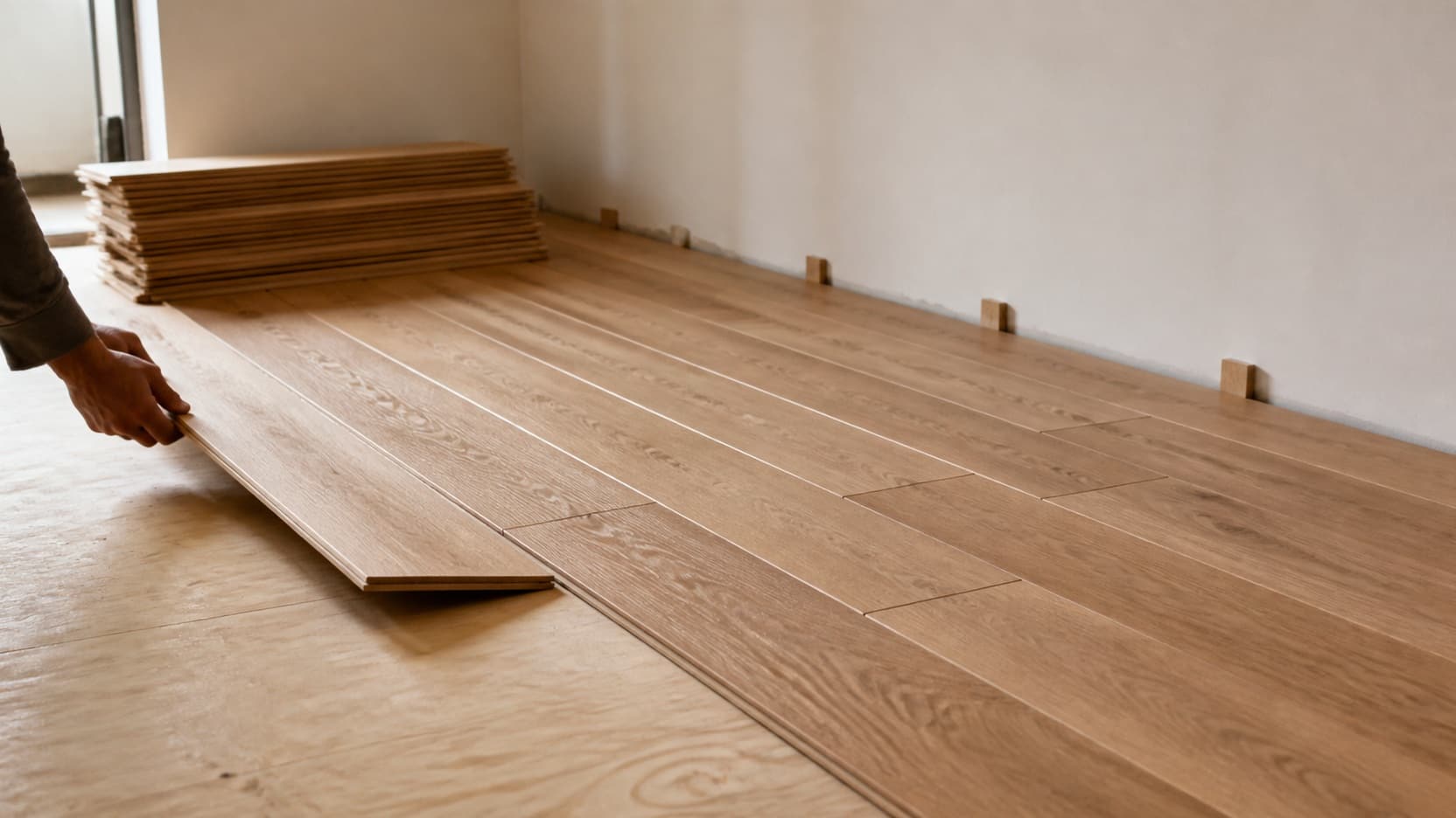 New wood plank being laid over a prepared subfloor with underlayment visible at the edge