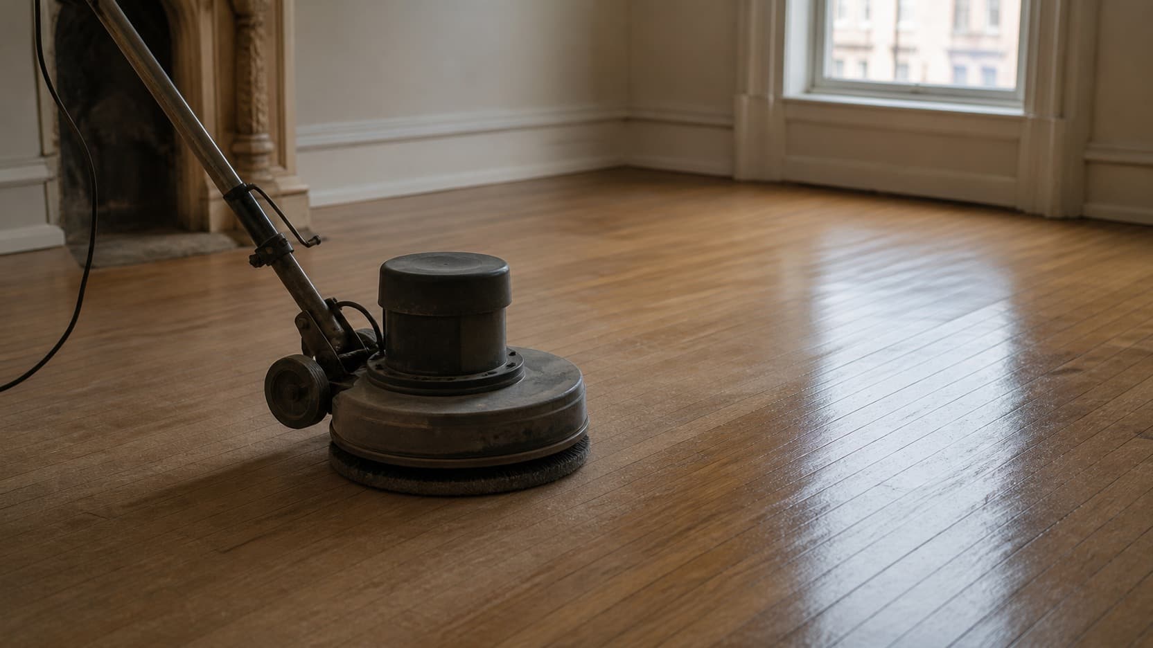 A floor buffer abrading the surface of a wood floor, with the sheen changing across the boards